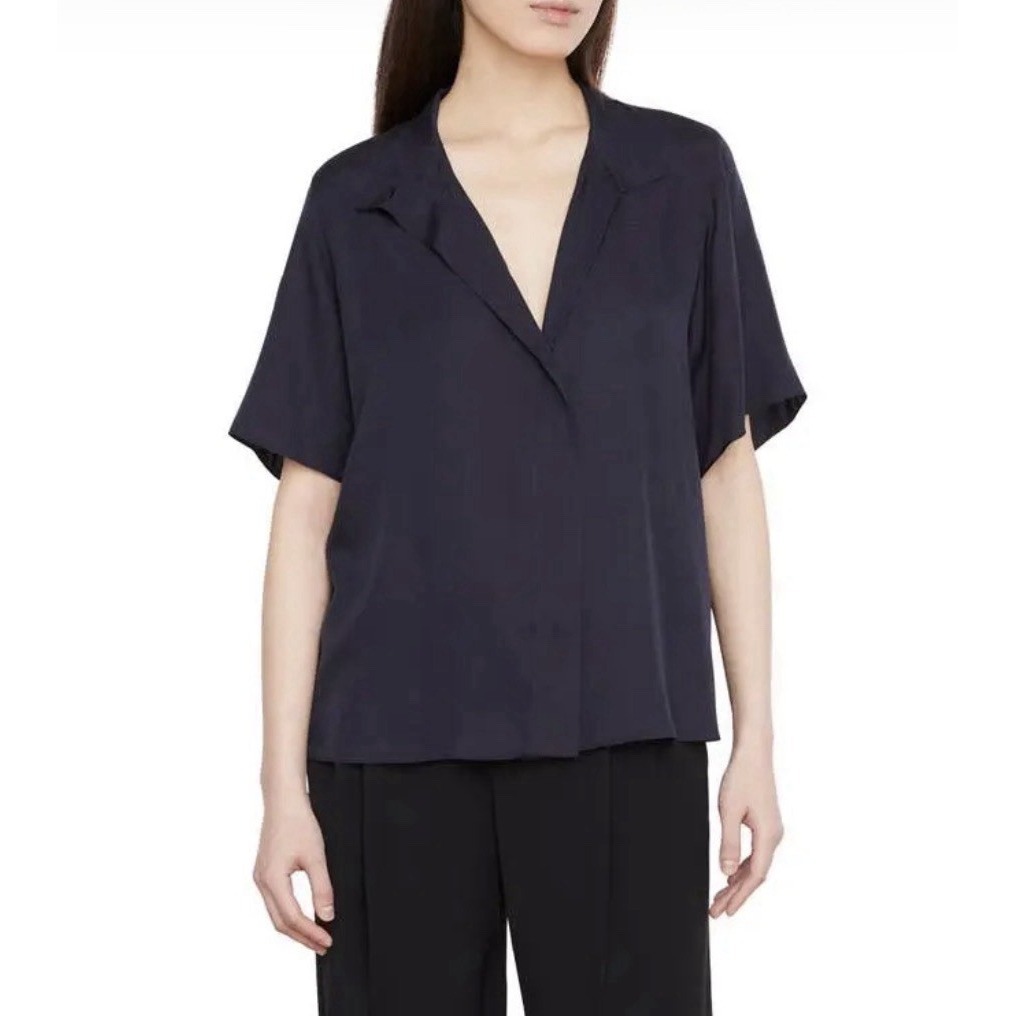 Vince Stand Collar Silk Blend Blouse Sz M Designer Old Money Classic Chic $295